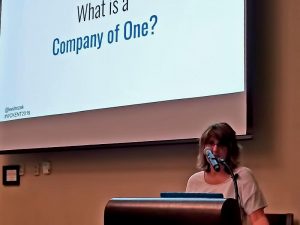 Lee Drozak giving her talk on being a Company of One.